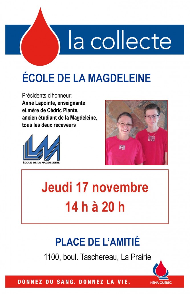 Affiche collecte de sang à la Mag novembre 2016