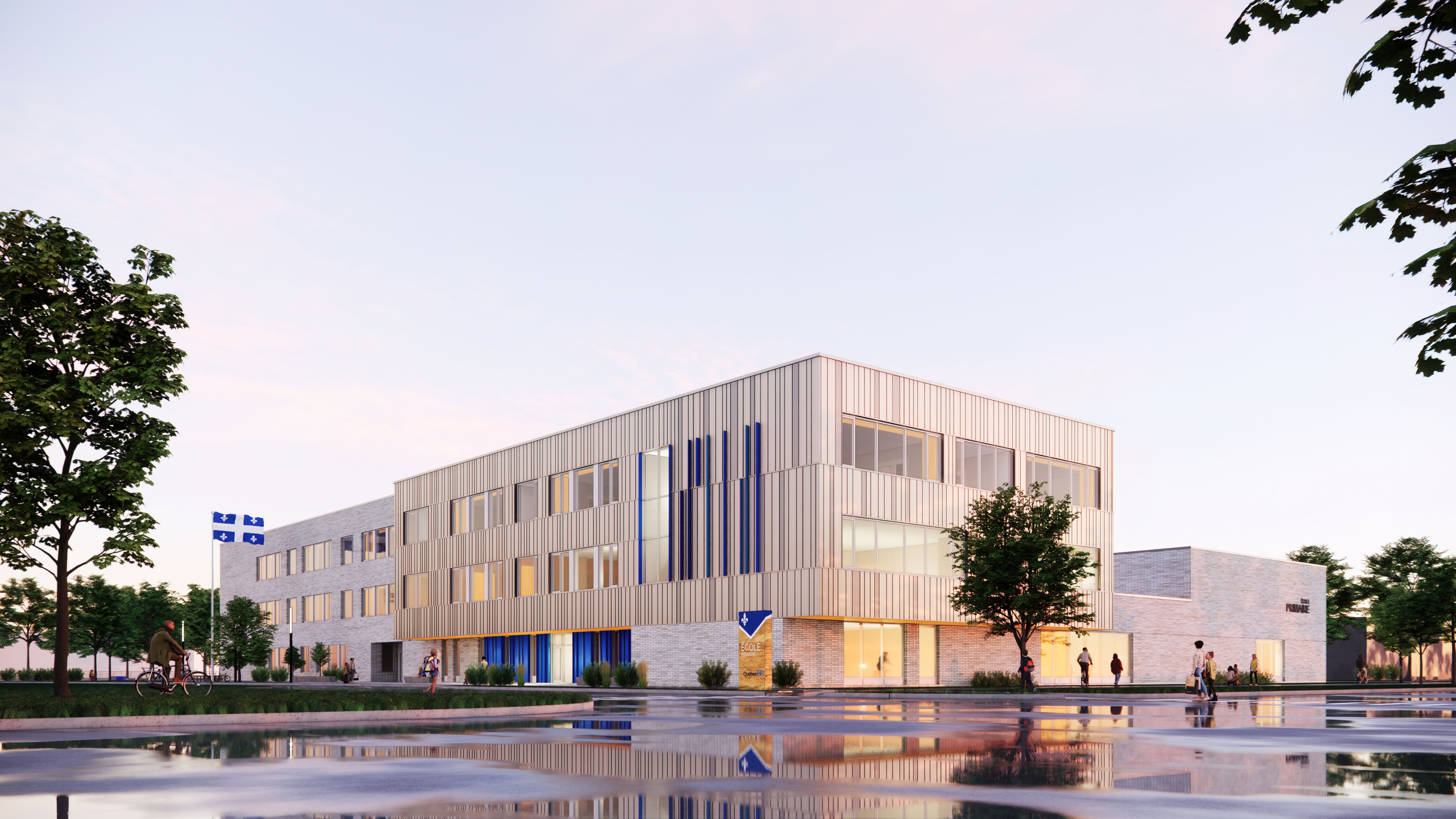 Perspective de la future école primaire à Saint-Constant. (L’image ci-dessus est fournie à titre indicatif seulement. Il s’agit d’une version préliminaire et le résultat final peut différer.) Crédits : MSDL Architectes