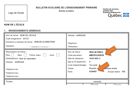 Exemple de bulletin scolaire montrant où trouver le code permanent et le numéro de fiche d’un·e élève, indiqués par des flèches orange.
