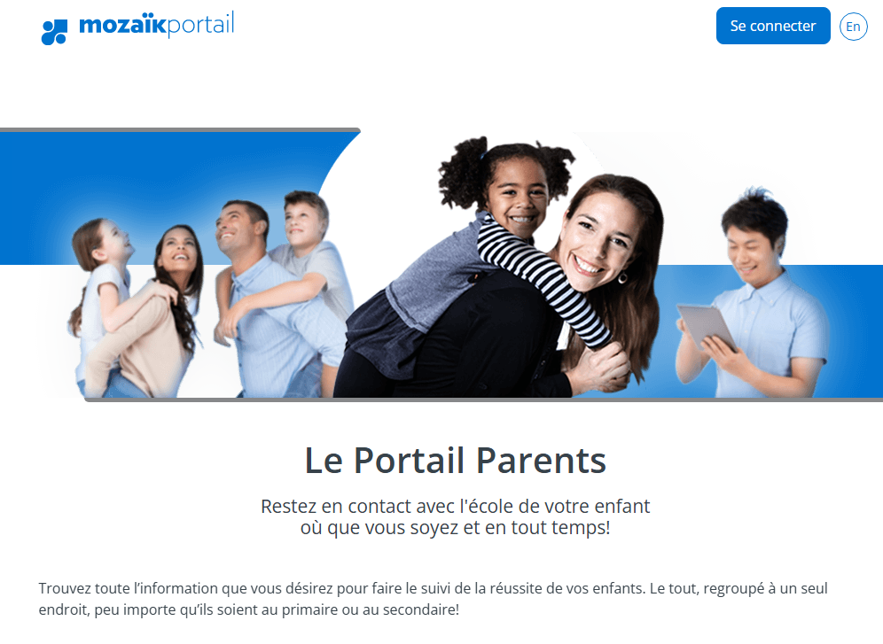 Image promotionnelle du Portail Parents de Mozaïk. On y voit des familles souriantes, incluant des adultes et des enfants, illustrant la diversité culturelle. À droite, un jeune homme consulte une tablette. En arrière-plan, un bandeau bleu traverse l’image horizontalement. Le logo « mozaïk portail » est affiché en haut à gauche, et un bouton « Se connecter » en haut à droite. Le texte principal au centre de l’image indique : « Le Portail Parents – Restez en contact avec l’école de votre enfant où que vous soyez et en tout temps!