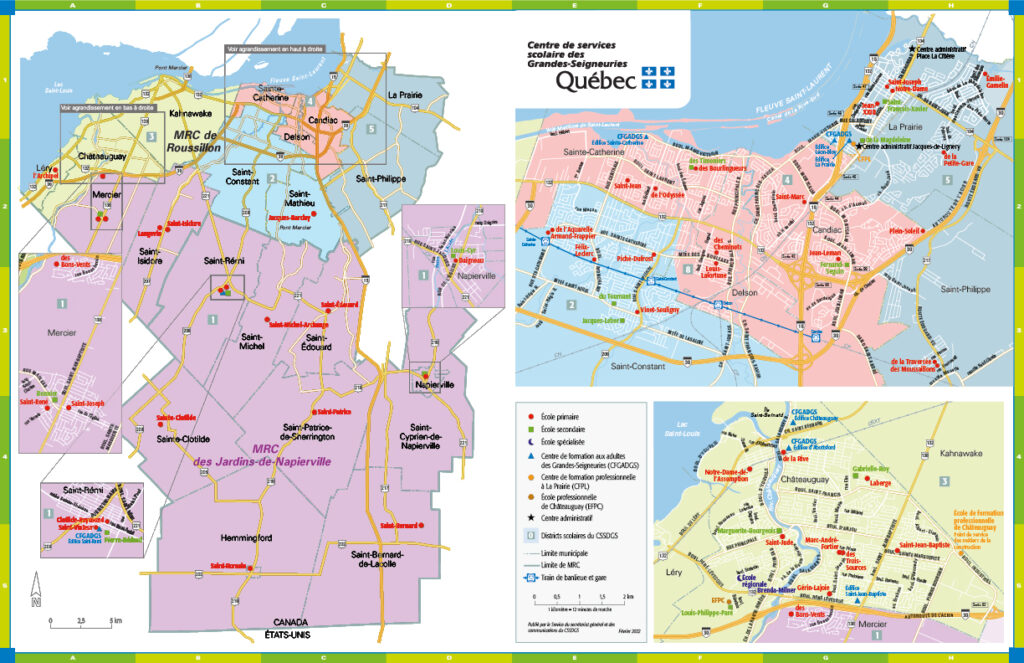 Carte détaillée du Centre de services scolaire des Grandes-Seigneuries illustrant les limites du territoire, les municipalités desservies, la localisation des écoles primaires, secondaires et spécialisées, ainsi que les centres de formation pour adultes et professionnels. La carte met aussi en évidence les principaux axes routiers, les limites des MRC, le tracé du train de banlieue et les principaux secteurs urbains de Châteauguay, Mercier, La Prairie, Delson et Candiac.