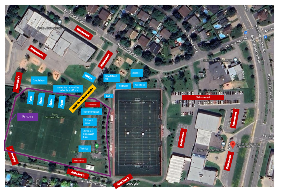 Plan aérien du parc Fernand-Seguin et des écoles environnantes. Le plan indique les emplacements des équipes, des spectateurs, des accès, des stationnements, de la tente d’information, des premiers soins, de la station de remplissage d’eau, des toilettes, des médailles, des collations et des animations. Les différentes zones et accès sont colorés pour repérer facilement les services.