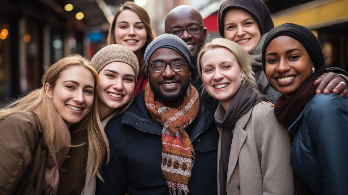 Groupe de personnes adultes d’origines diverses souriant·e·s ensemble à l’extérieur, illustrant la diversité et l’inclusion.