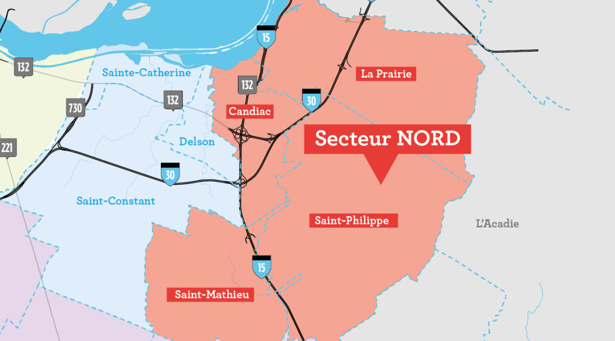 Carte territoire secteur Nord : Candiac, La Prairie, Saint-Philippe et Saint-Mathieu
