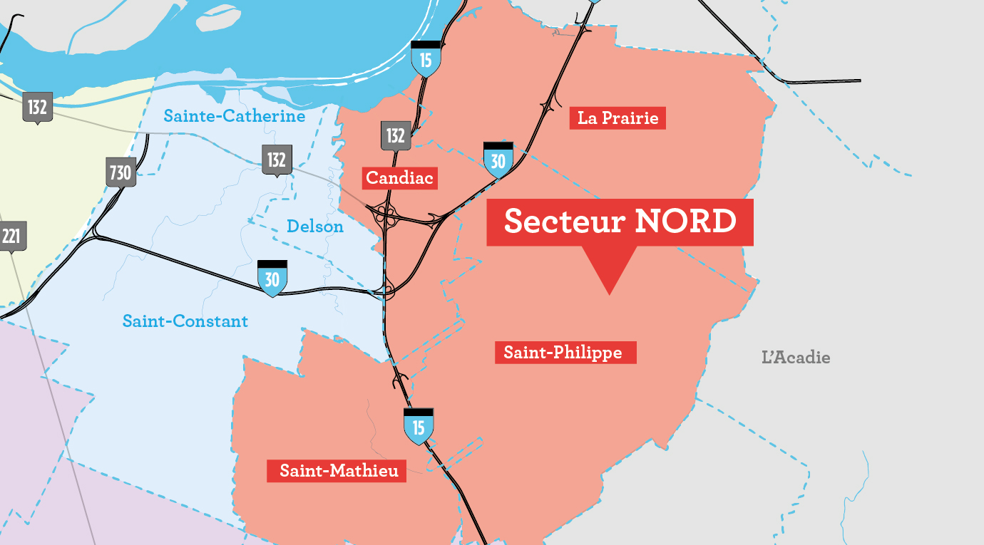 Carte territoire secteur Nord : Candiac, La Prairie, Saint-Philippe et Saint-Mathieu