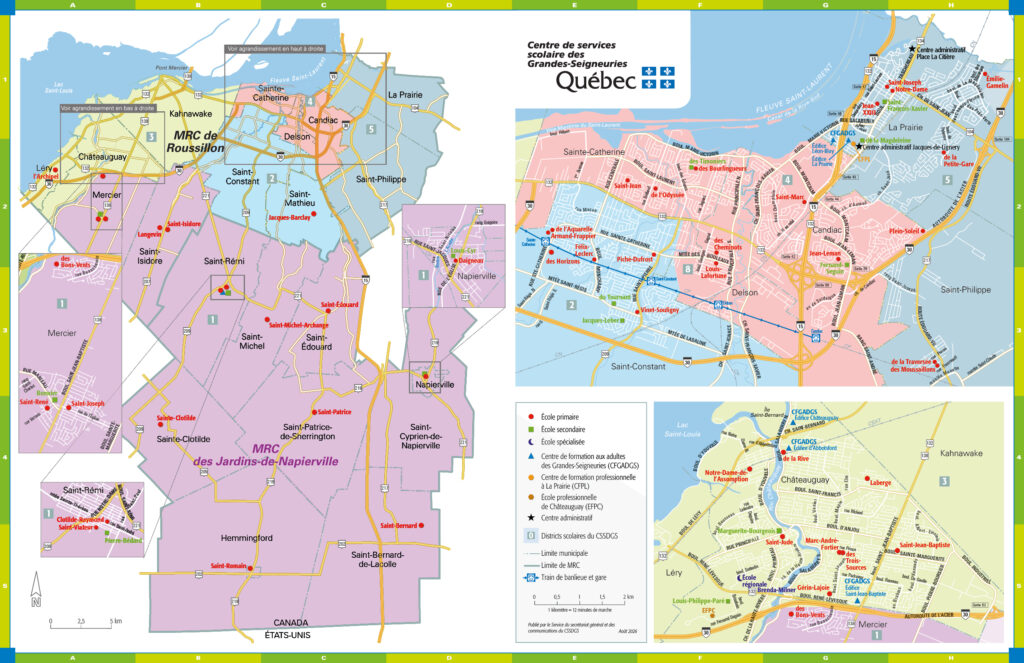 Carte détaillée du Centre de services scolaire des Grandes-Seigneuries illustrant les limites du territoire, les municipalités desservies, la localisation des écoles primaires, secondaires et spécialisées, ainsi que les centres de formation pour adultes et professionnels. La carte met aussi en évidence les principaux axes routiers, les limites des MRC, le tracé du train de banlieue et les principaux secteurs urbains de Châteauguay, Mercier, La Prairie, Delson et Candiac.